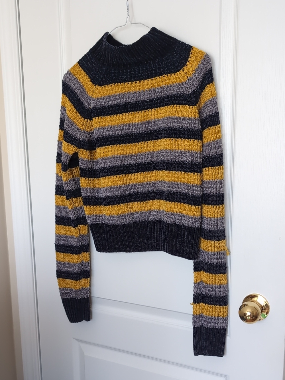 Revamped Striped Mock Neck Sweater in Mustard, Gray & Black